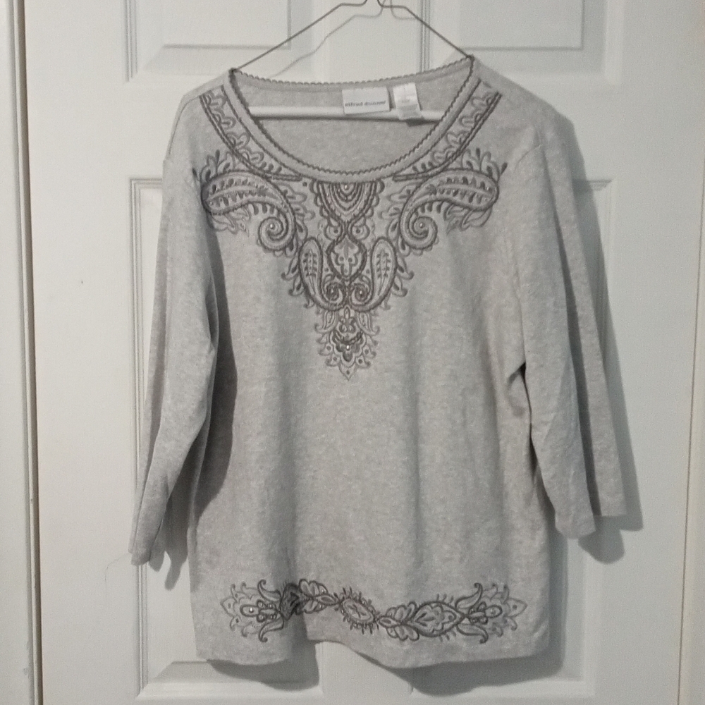 Alfred Dunner Gray Embroidered Long Sleeve Tee